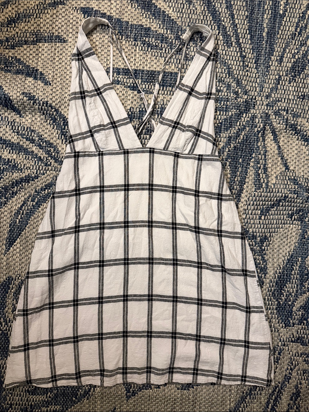 White and Black Plaid V-Neck Women's Dress